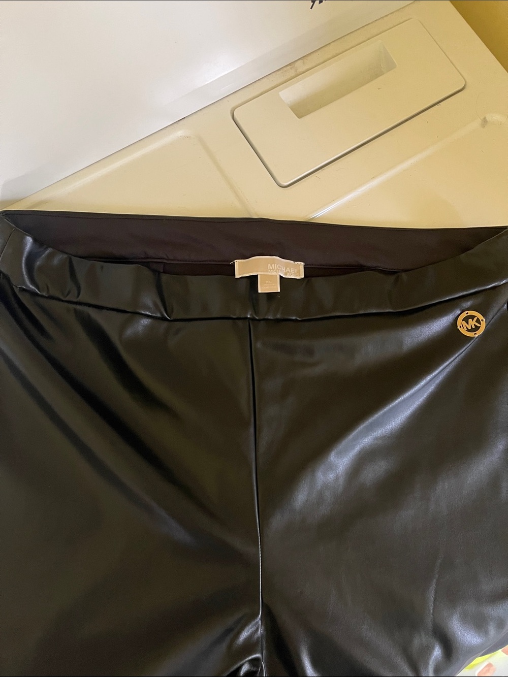 Michael Kors Black Faux Leather Straight Leg Pants with Gold Logo